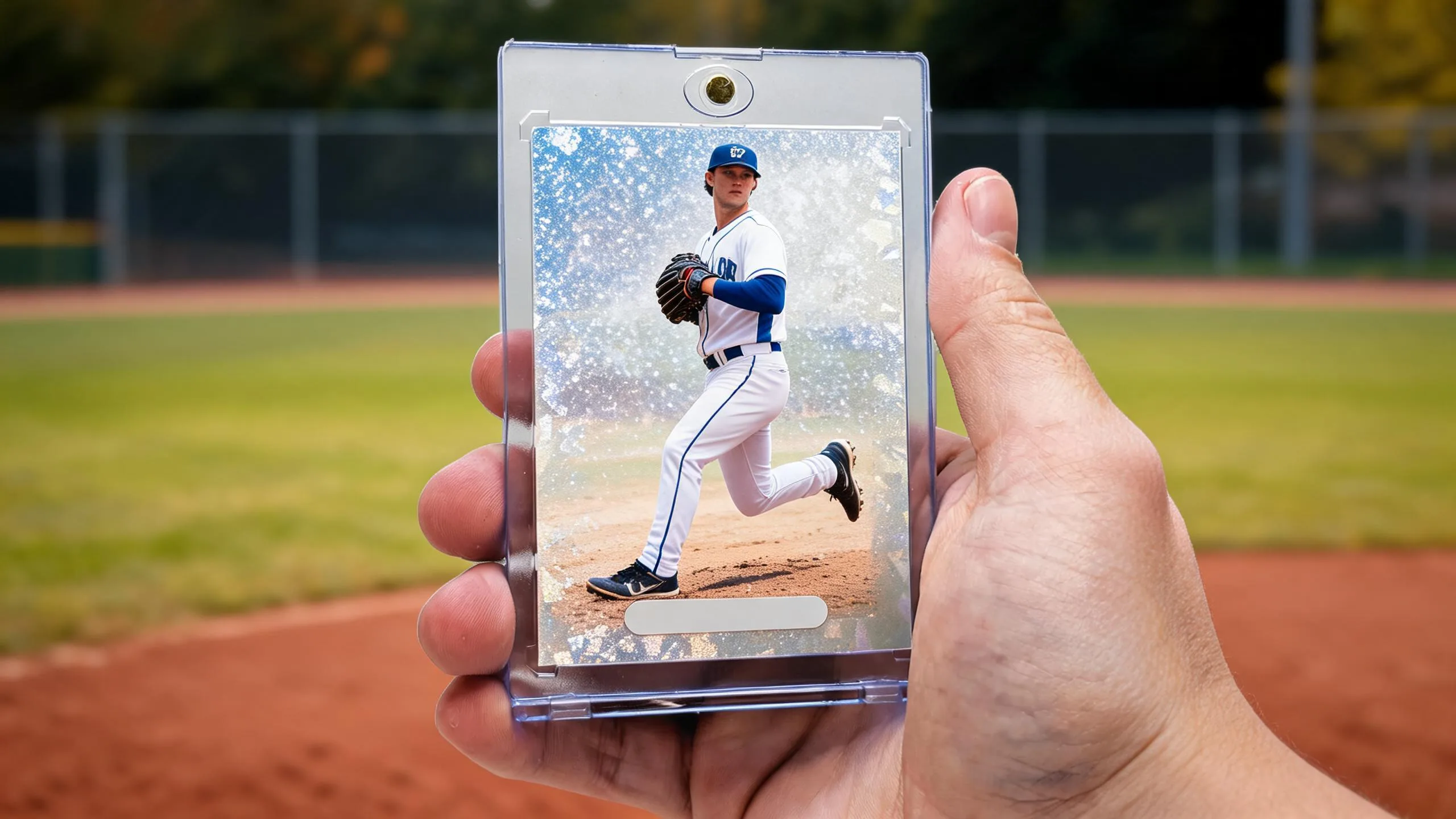 Hand holding magnetic case with custom refractor card, demonstrating making a baseball card.