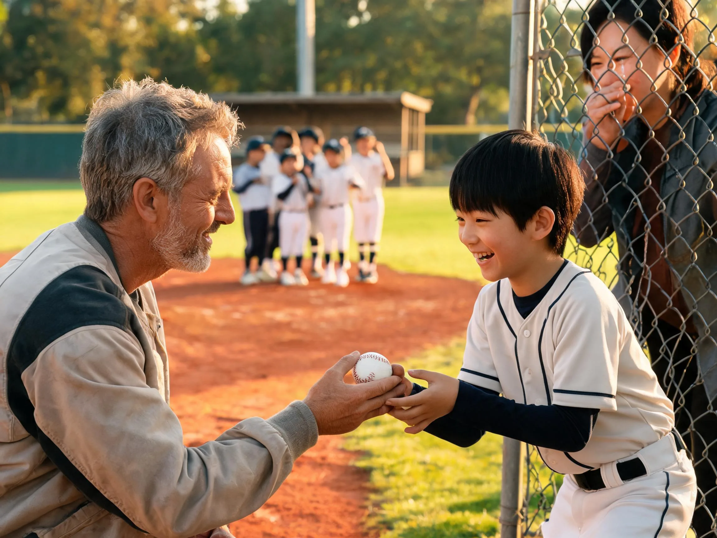 Coach and proud parent share an emotional moment with young athlete at ballpark.