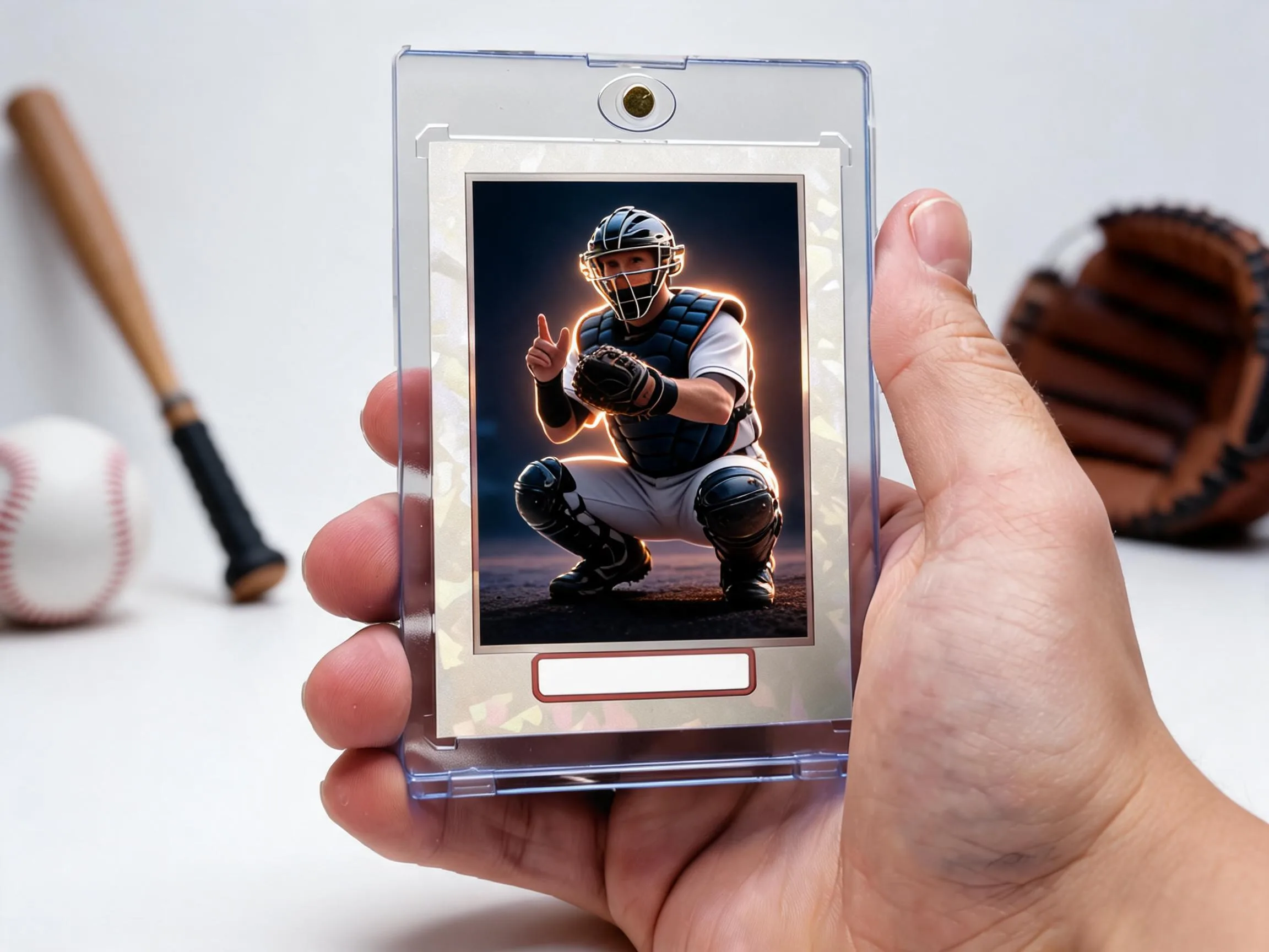 Custom baseball trading card in clear magnetic case with stadium-night design.