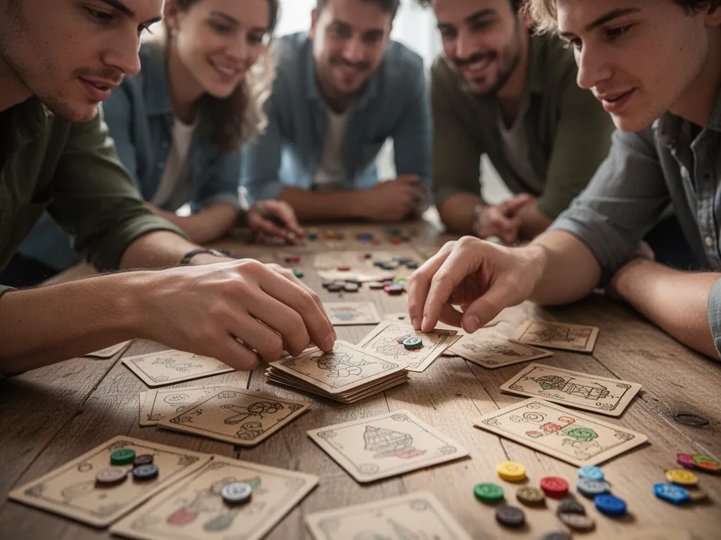 Hands arranging handmade game cards on table with teammates gathered around watching