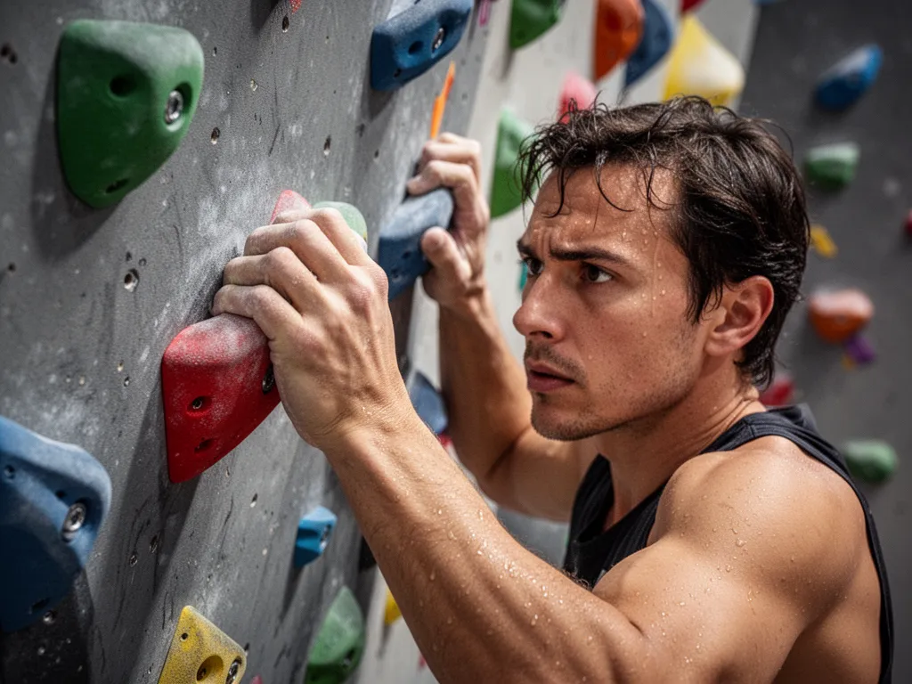 [Rock climber's hands gripping wall holds showing athletic intensity and determination]