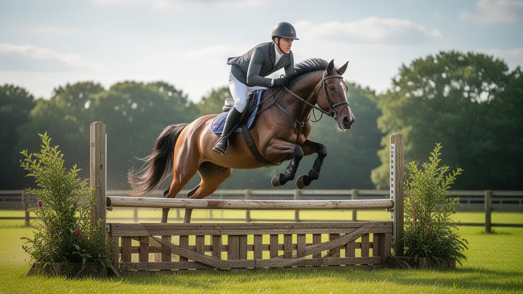 [Professional equestrian athlete riding horse jumping high over wooden fence obstacle]