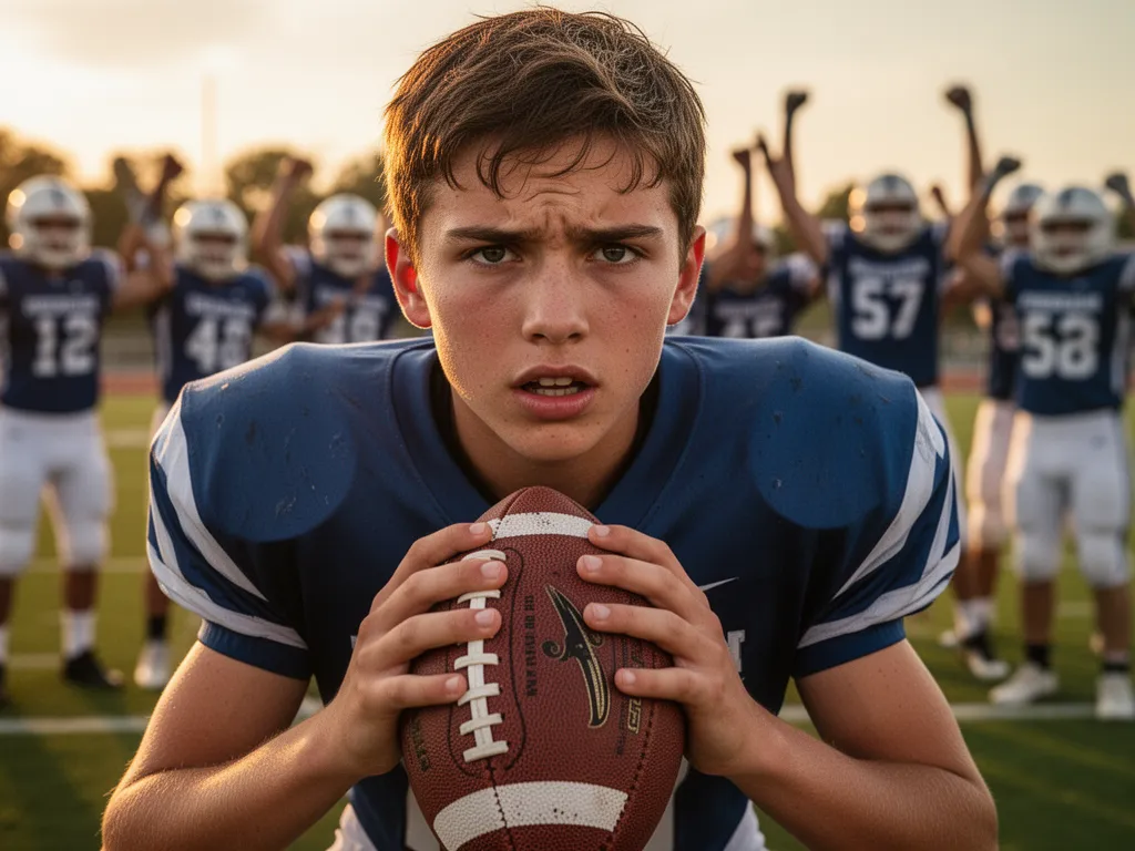 [Young athlete's determined expression while holding football with teammates celebrating nearby]
