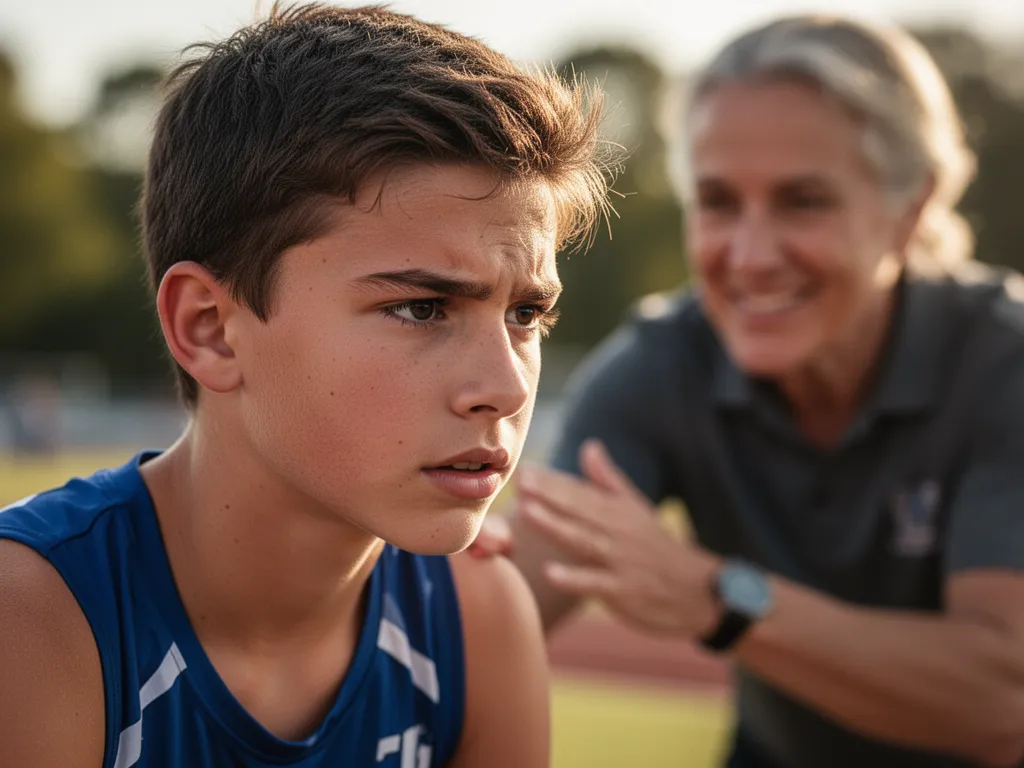 Young athlete with determined expression, parent cheering supportively in soft-focused background