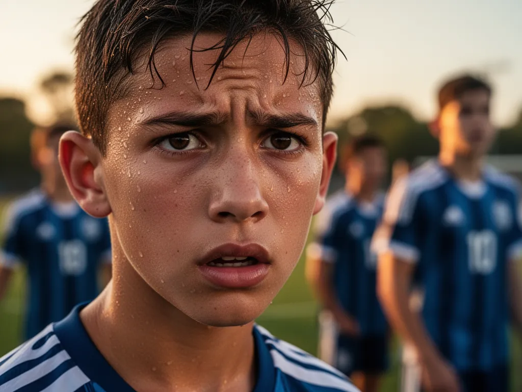 Young athlete's determined expression during soccer match with teammates supporting in background