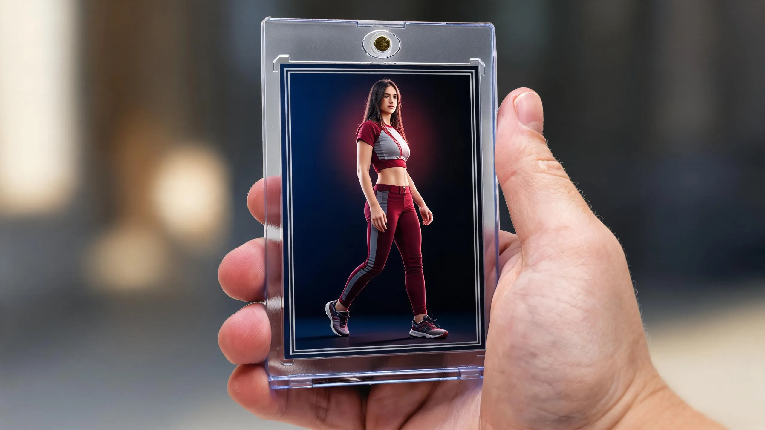 Hand holding a magnetic case with a custom card, inspiring making your own trading cards.