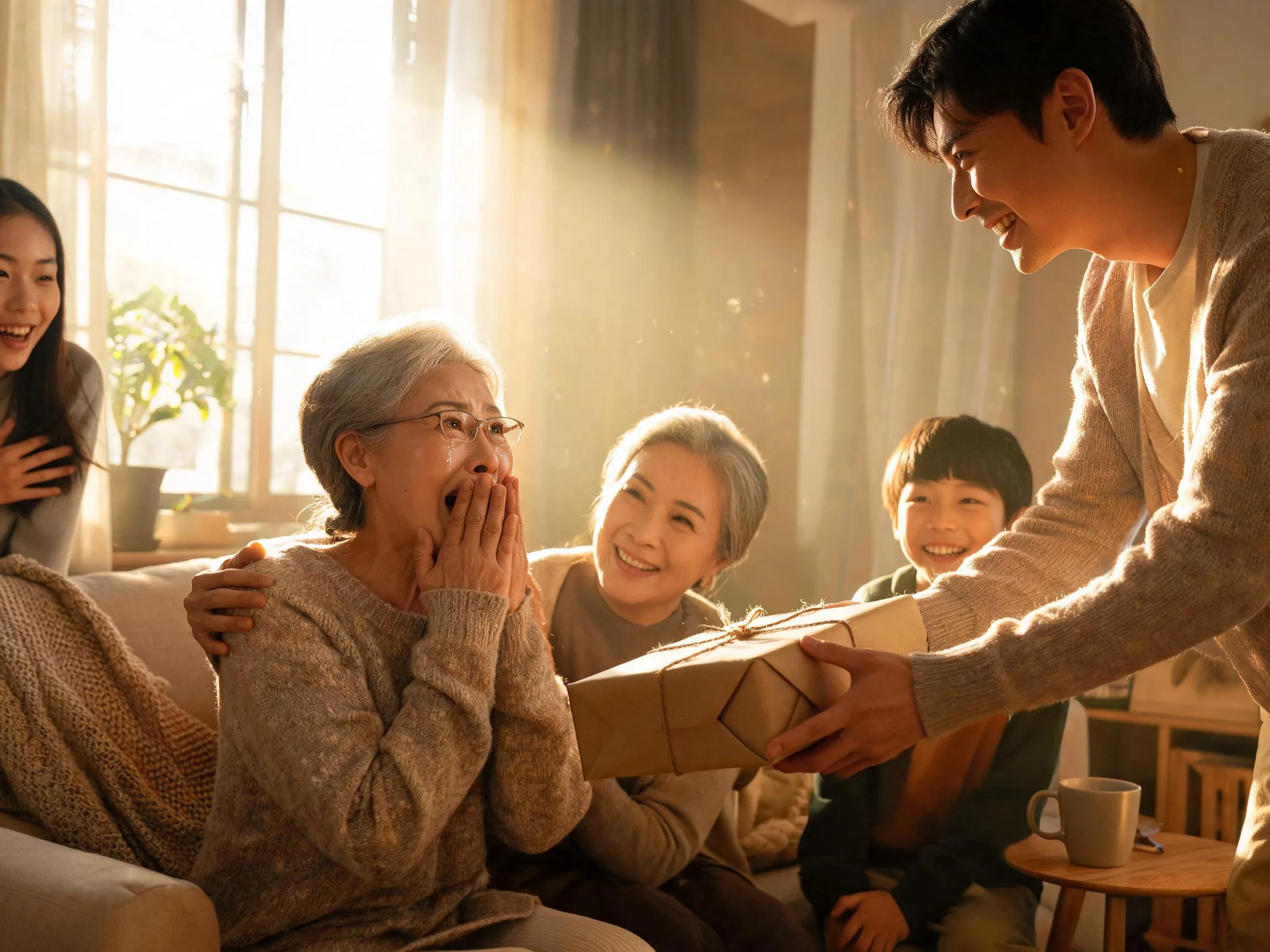 Older person's joyful surprised reaction while receiving an unexpected gift indoors.