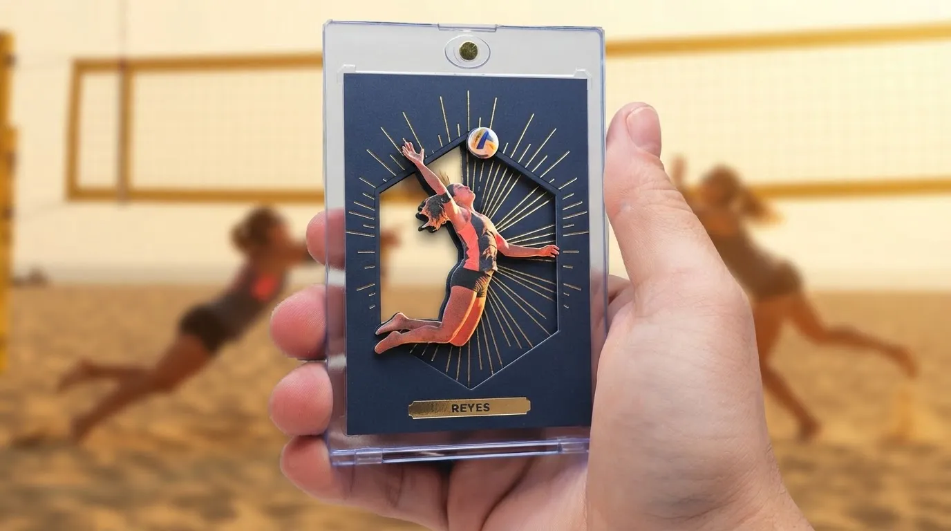 Hand holding magnetic case with manhattan beach volleyball tournament this weekend gold foil trading card.