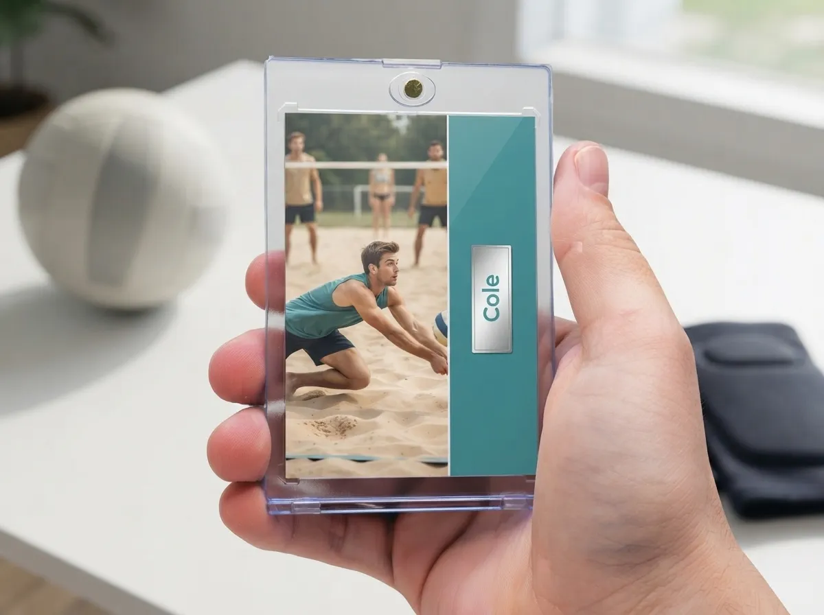 Hand holding magnetic case with teal split-layout volleyball trading card, silver foil nameplate.