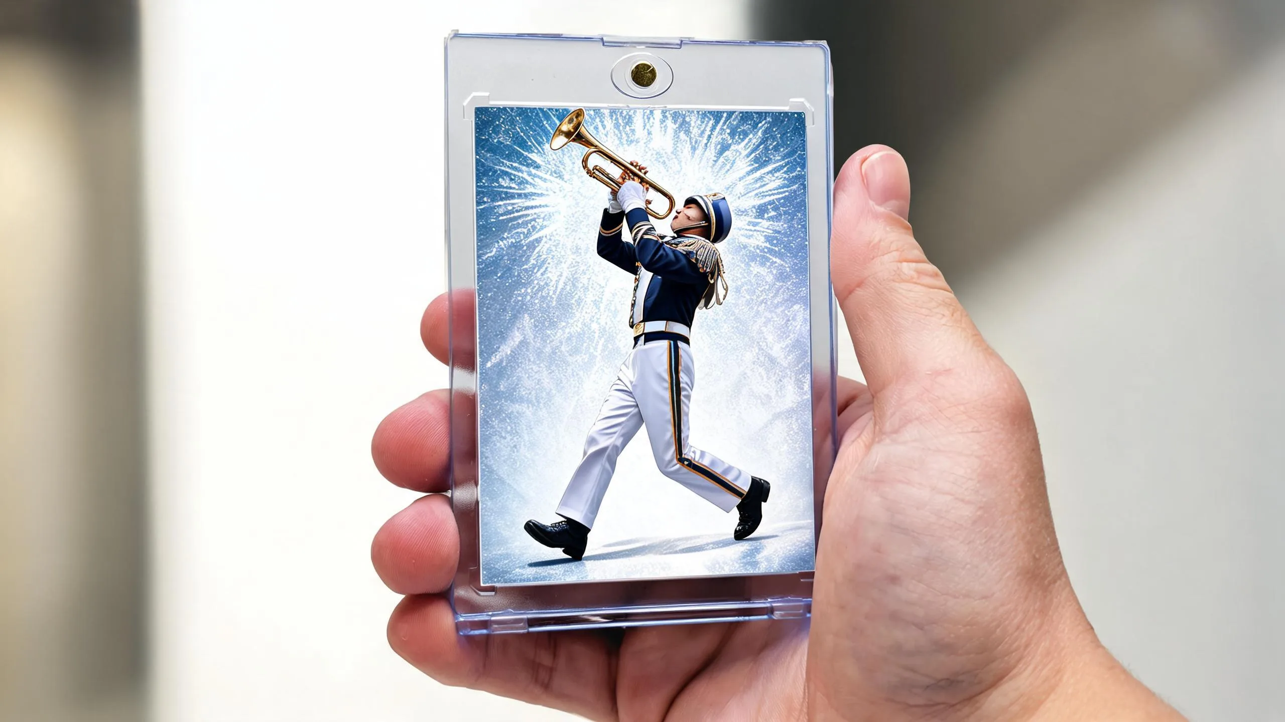 Hand holding magnetic acrylic case with marching band gifts trading card, icy blue refractor design.