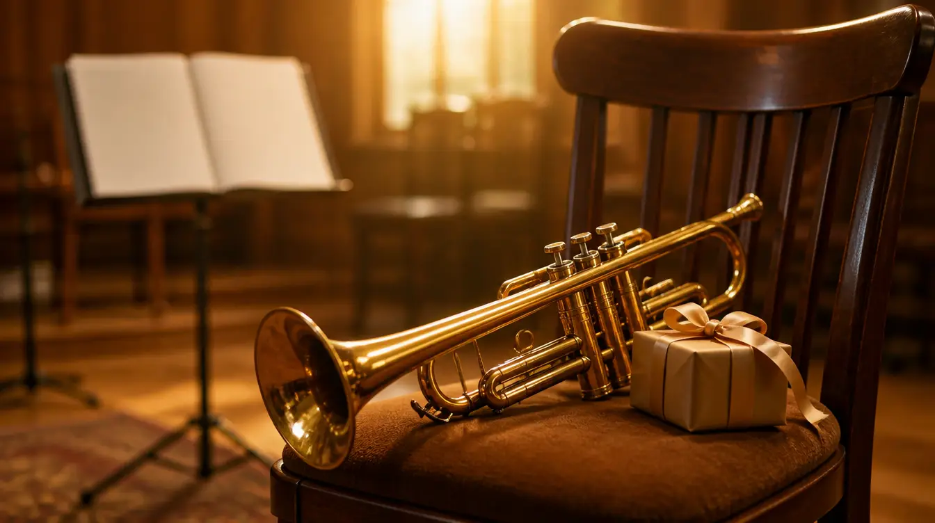 A brass trumpet and a wrapped gift box on a chair in a warm rehearsal room