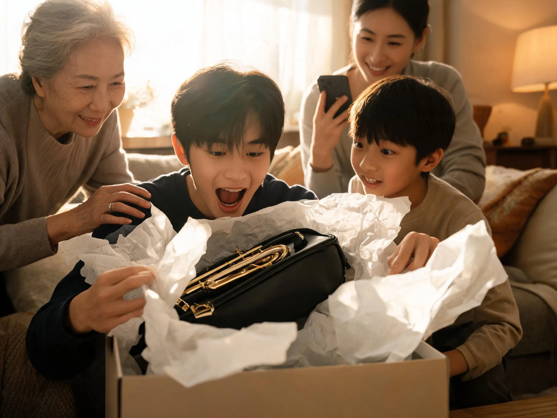 Family celebrates joyful gift-giving surprise moment together in warmly lit living room.