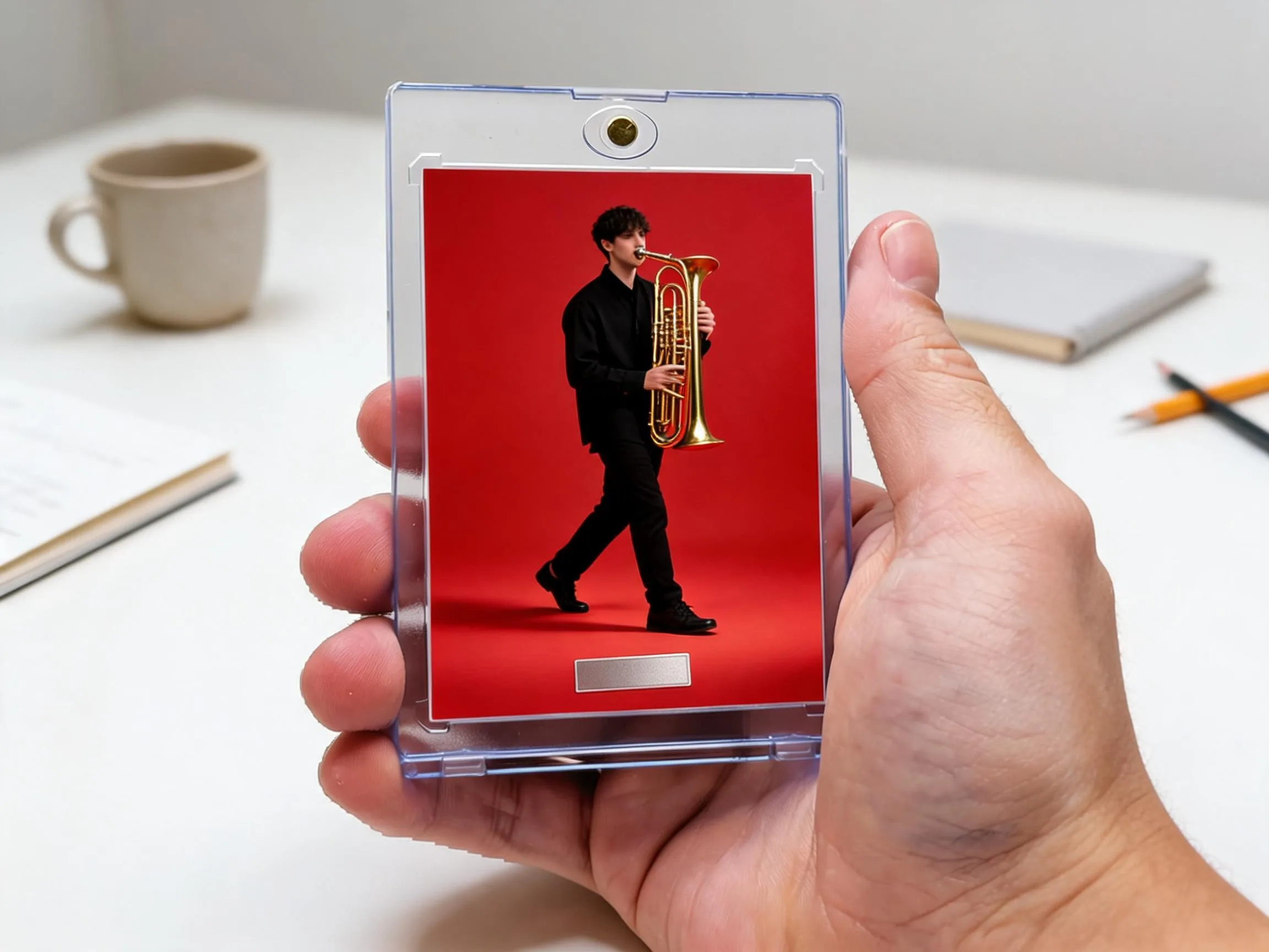 Custom keepsake trading card in magnetic case, red editorial design, held in hand.