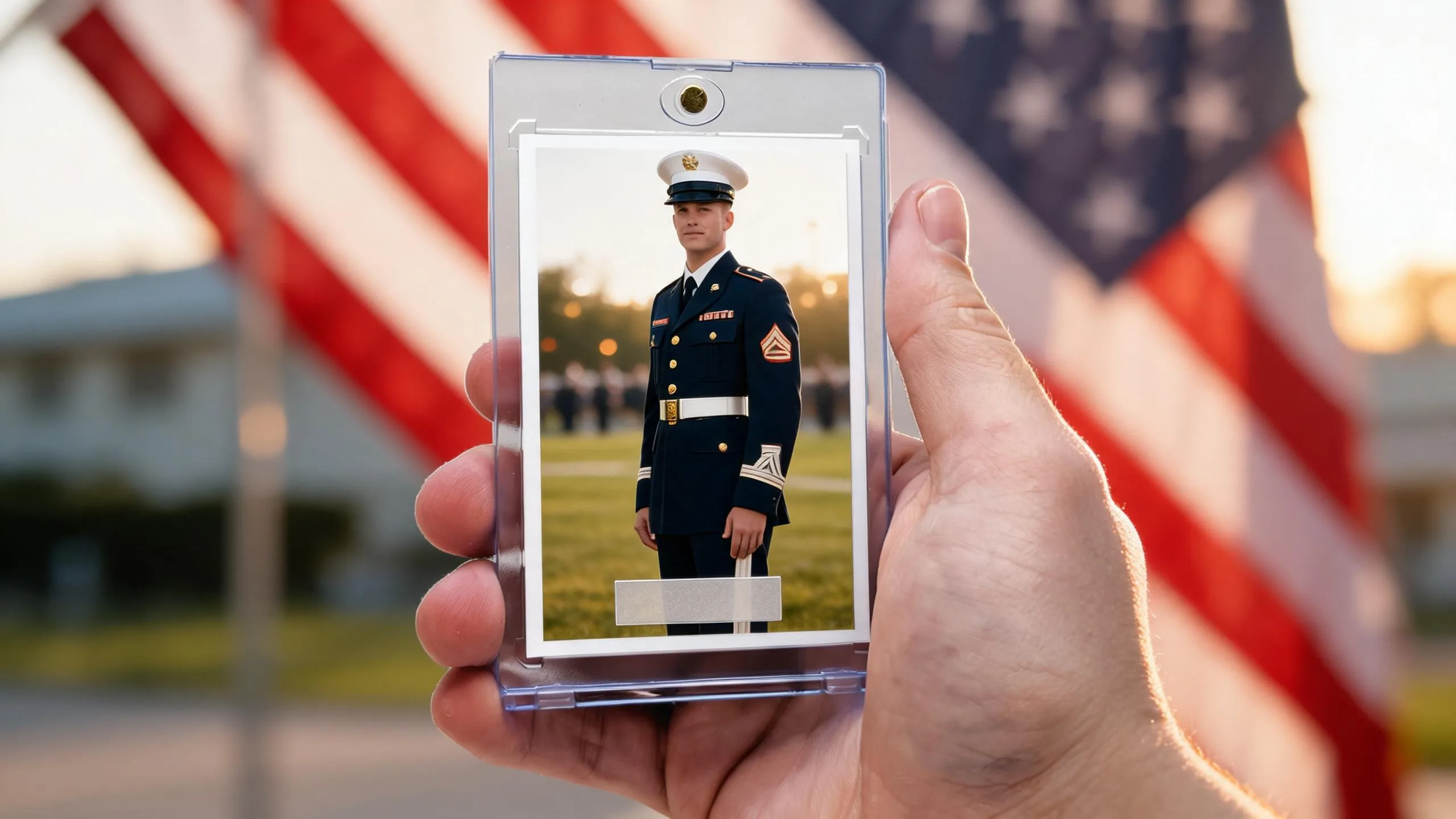 Hand holding magnetic case with Marine boot camp graduation gift trading card, golden-hour base backdrop.