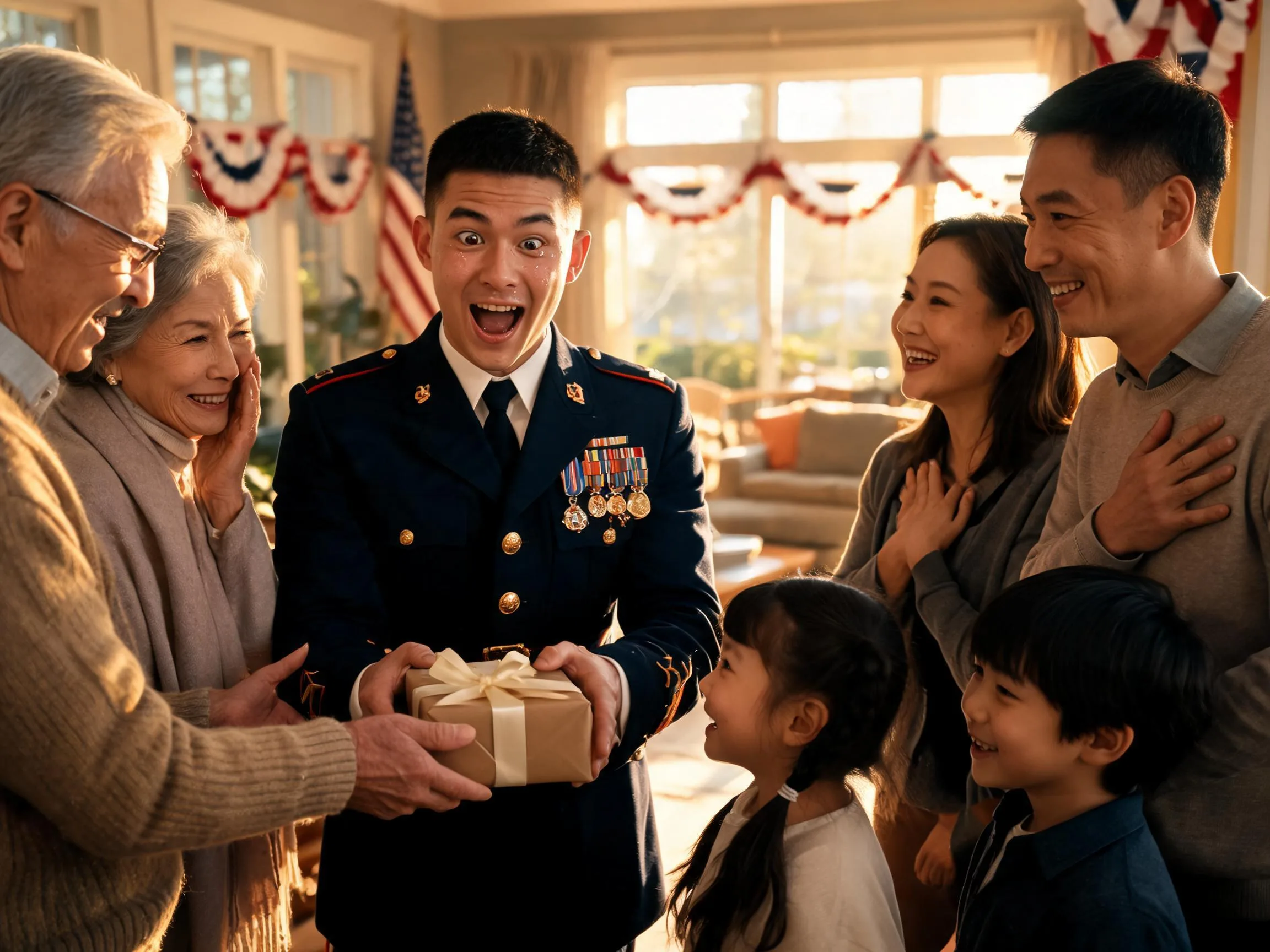 Family surprises young Marine with graduation gift in warmly lit homecoming hall gathering.