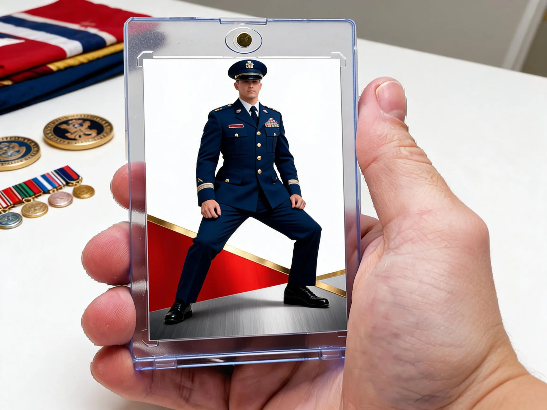 Custom military tribute trading card in magnetic case beside folded flag and medals.