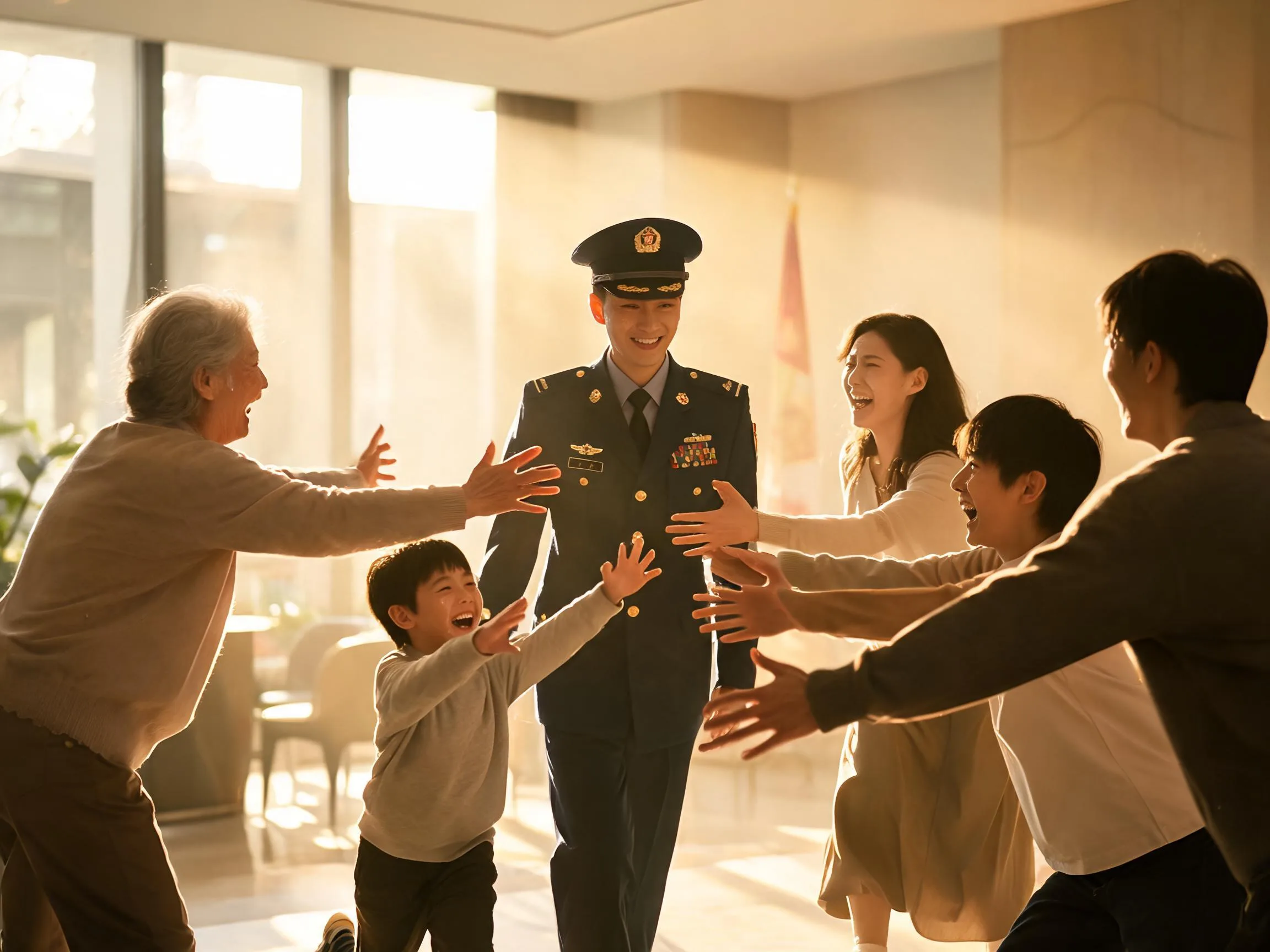 Family joyfully embracing a returning service member in a warm homecoming hall