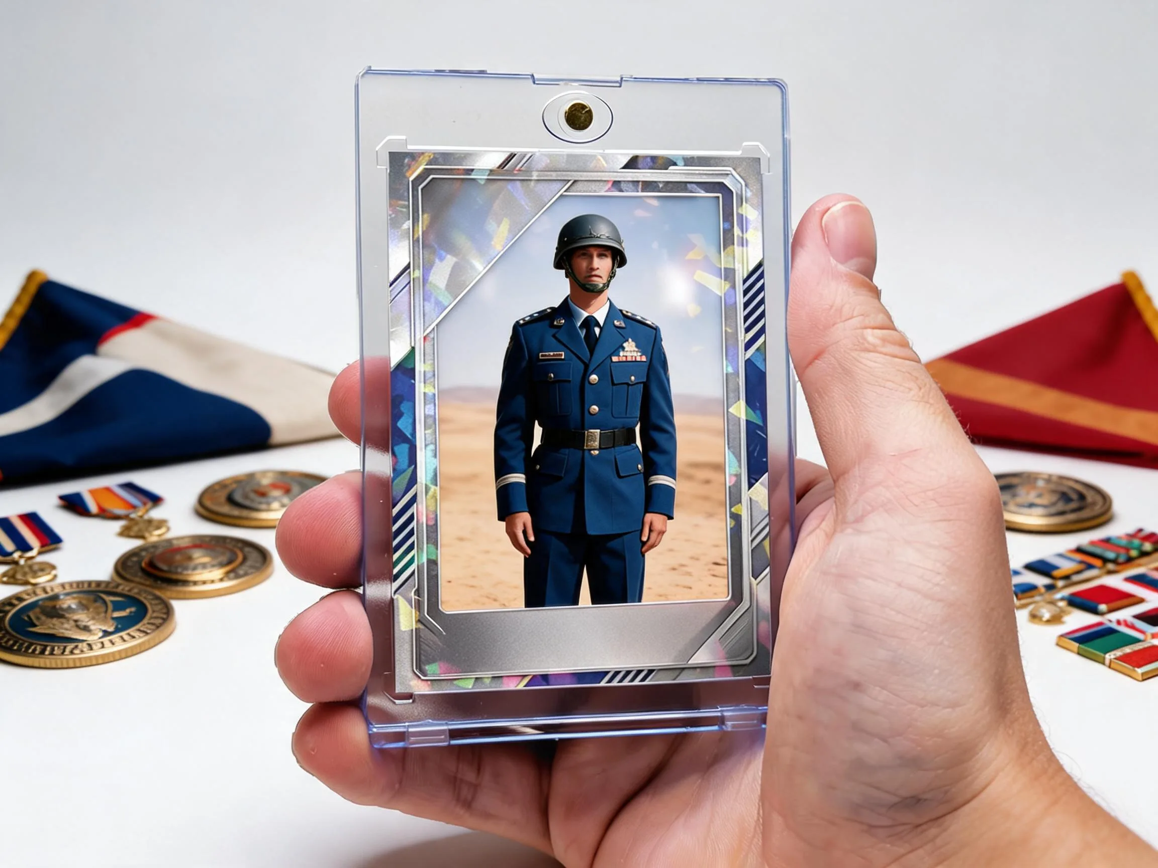 Custom military tribute trading card in magnetic case beside folded flag and medals