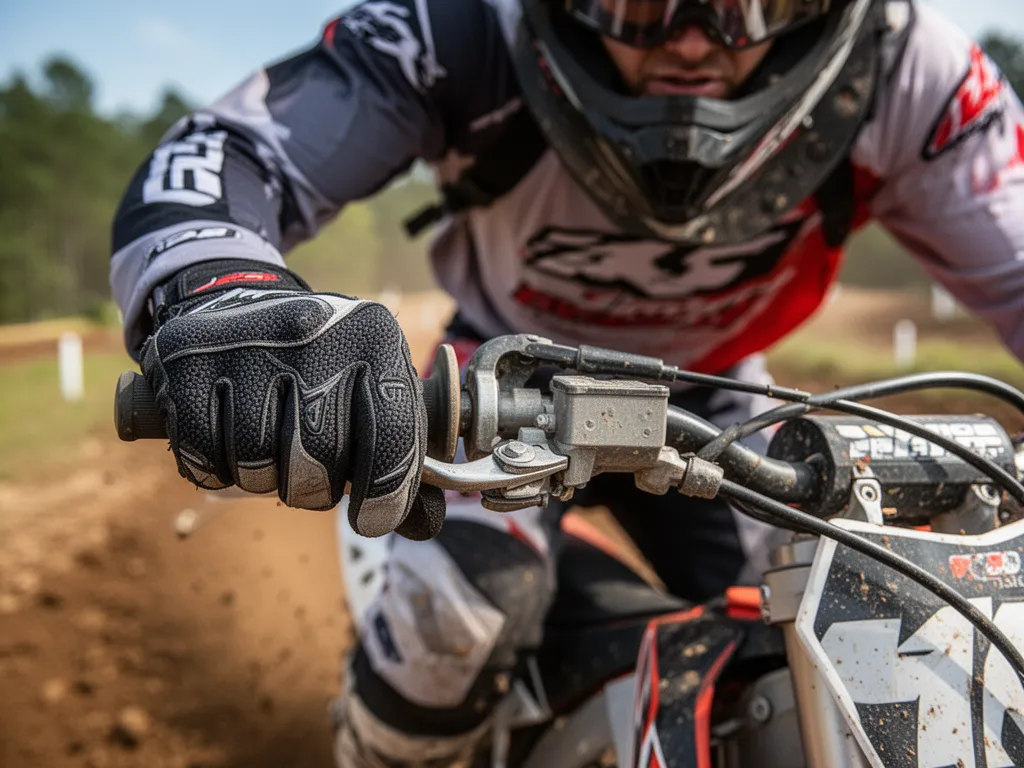 [Close-up of motocross rider's hands gripping bike handlebars during intense race competition]