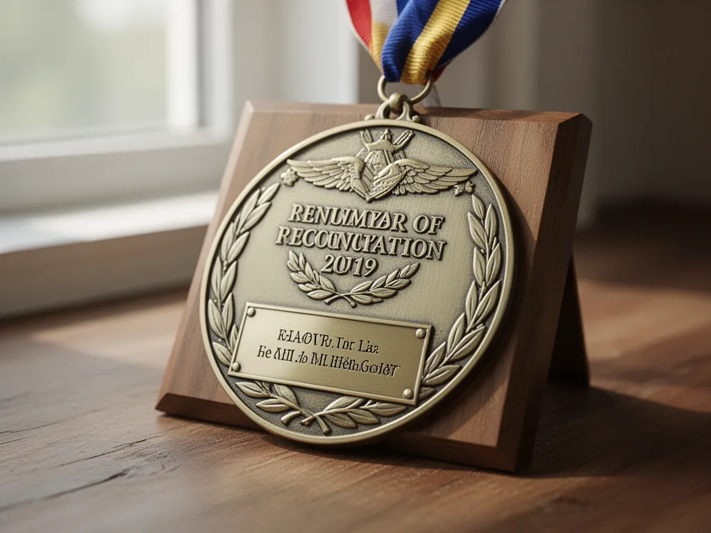 Close-up of a medal plaque award with detailed engraving visible under soft lighting