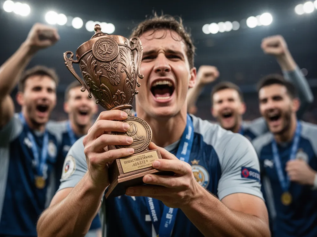 Athlete's hands clutching bronze medal trophy with joyful expression and teammates celebrating