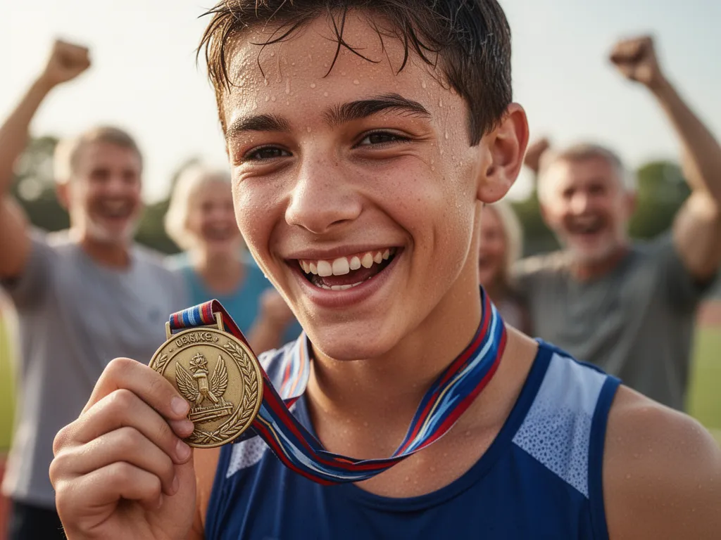 Emotional close-up of proud athlete displaying their earned medal with celebrating family in soft background