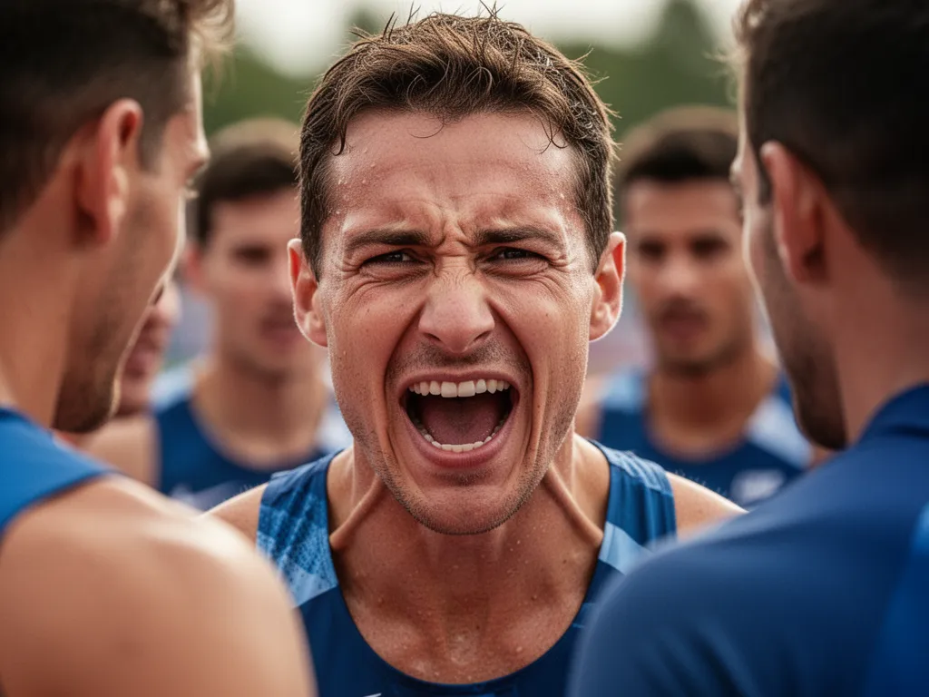 Athlete showing raw emotion with teammates nearby in candid sports moment