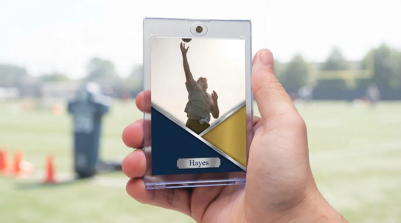 Hand holding magnetic case with memorial cards featuring a diagonal gold and navy tribute design.