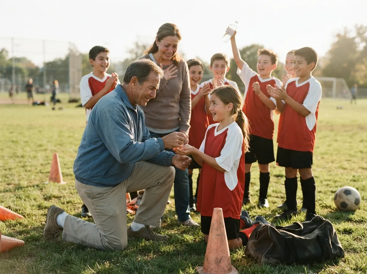 Coach and young athlete share an emotional moment as teammates and a parent celebrate nearby.