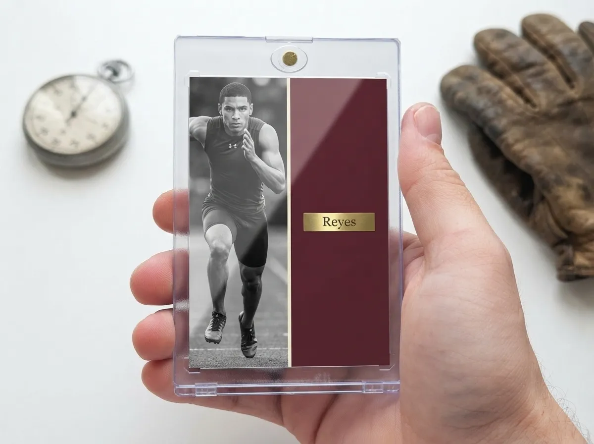 Custom sports trading card in magnetic case, split-panel memorial design with foil nameplate.