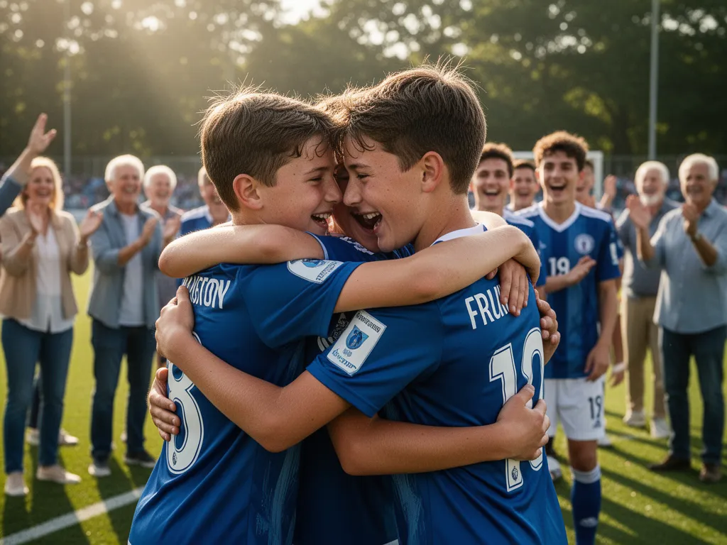 Young soccer players hugging in celebration with parents and teammates cheering on the sideline after match