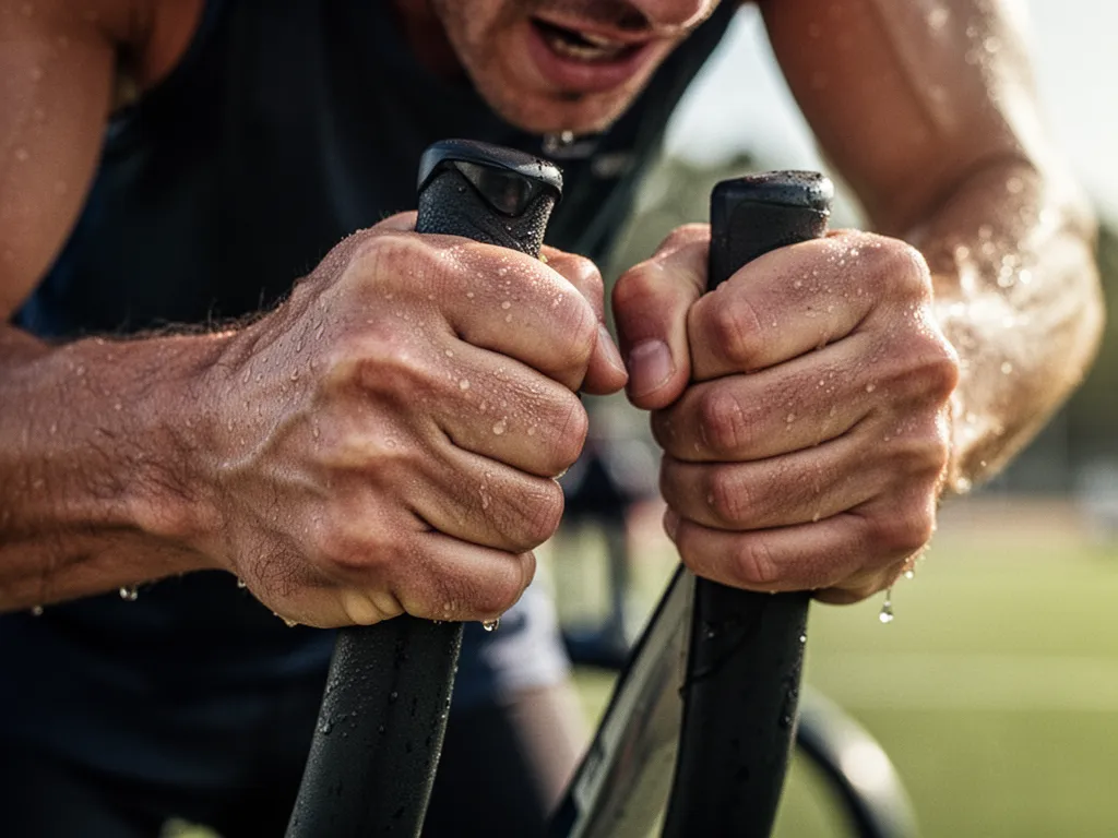 [Close-up of athlete's hands gripping equipment showing determination and athletic intensity]