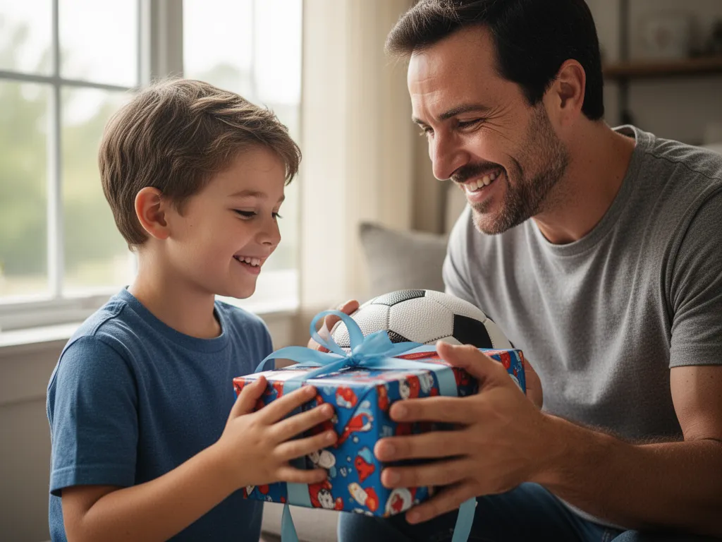 Father and son sharing an emotional moment exchanging a sports equipment gift together indoors