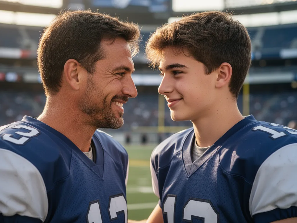 [father and son in football gear sharing proud emotional moment after game, showing mentorship and celebration]