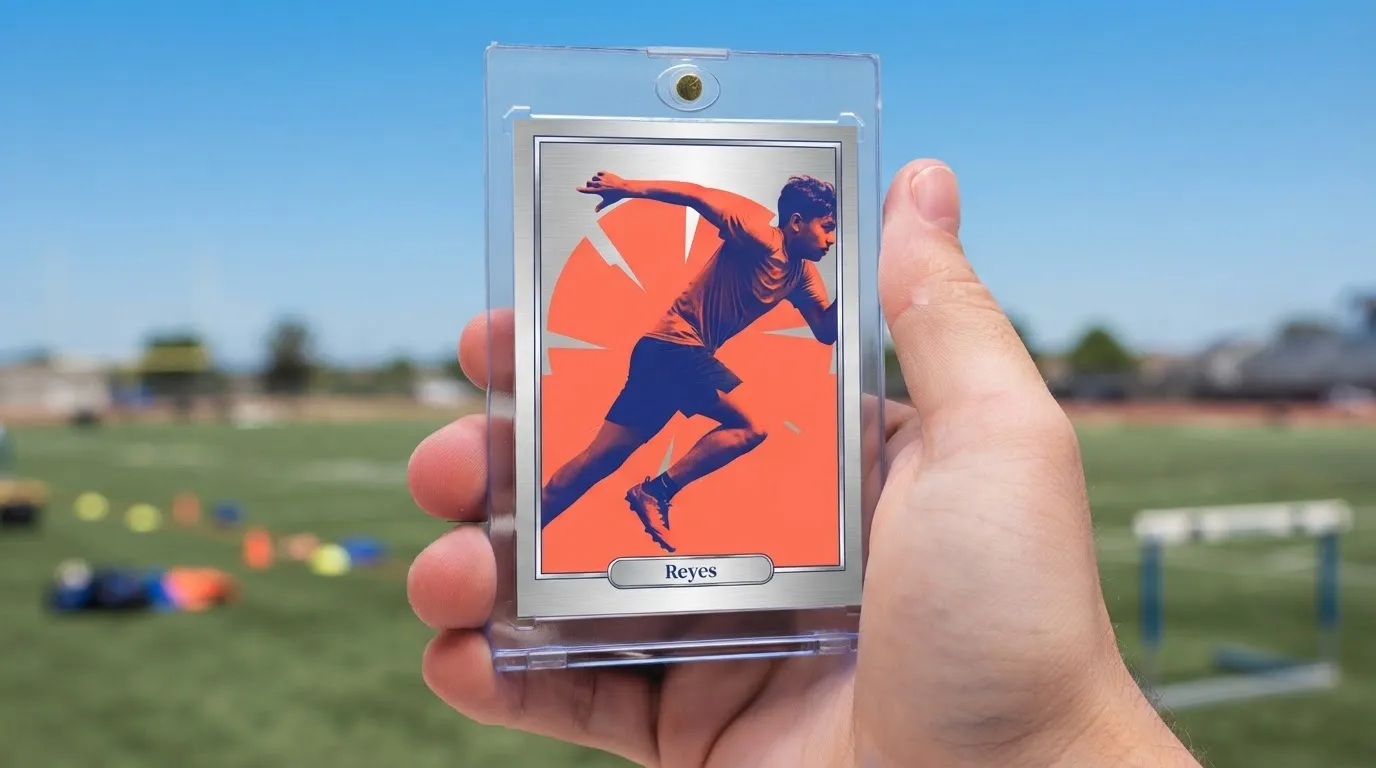 Hand holding magnetic case with duotone mental coaching for young athletes trading card outdoors.