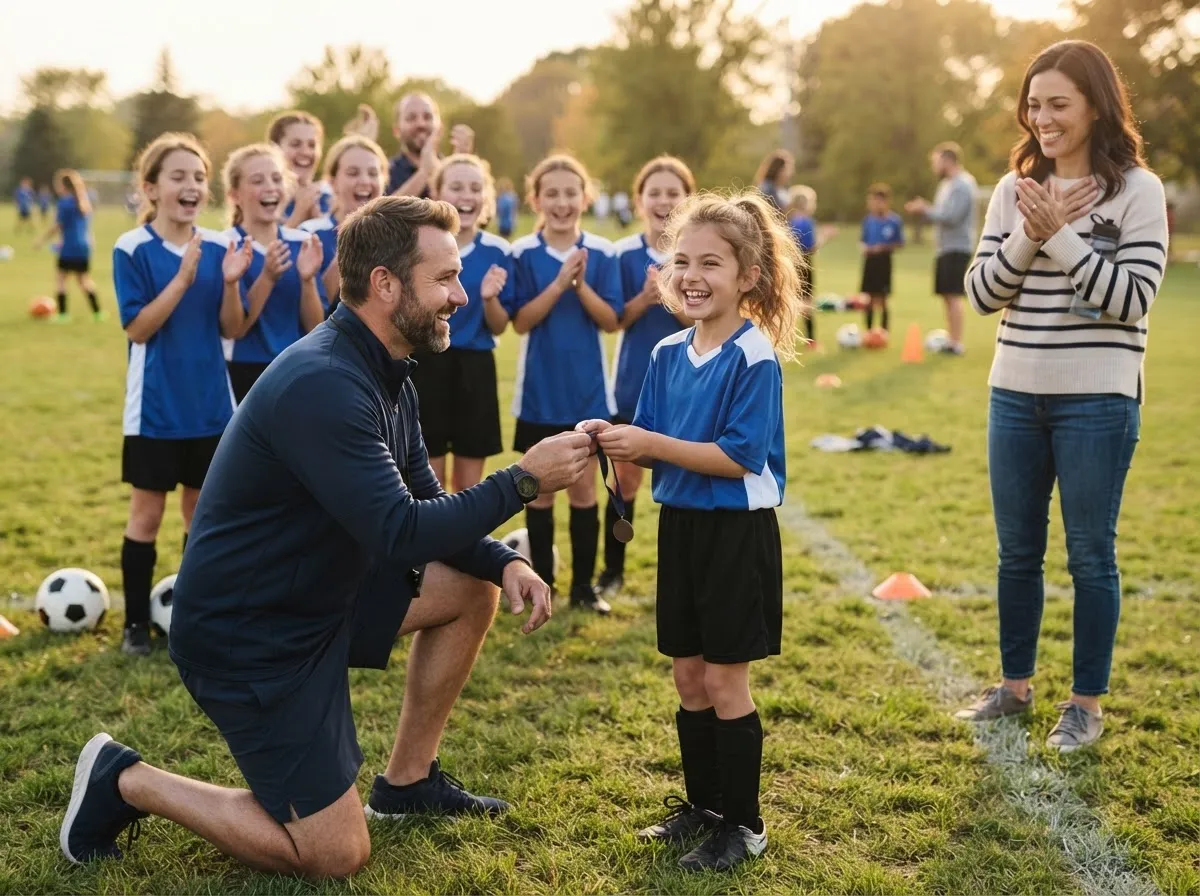 Coach celebrating with young athlete and cheering teammates on sunny sports field.