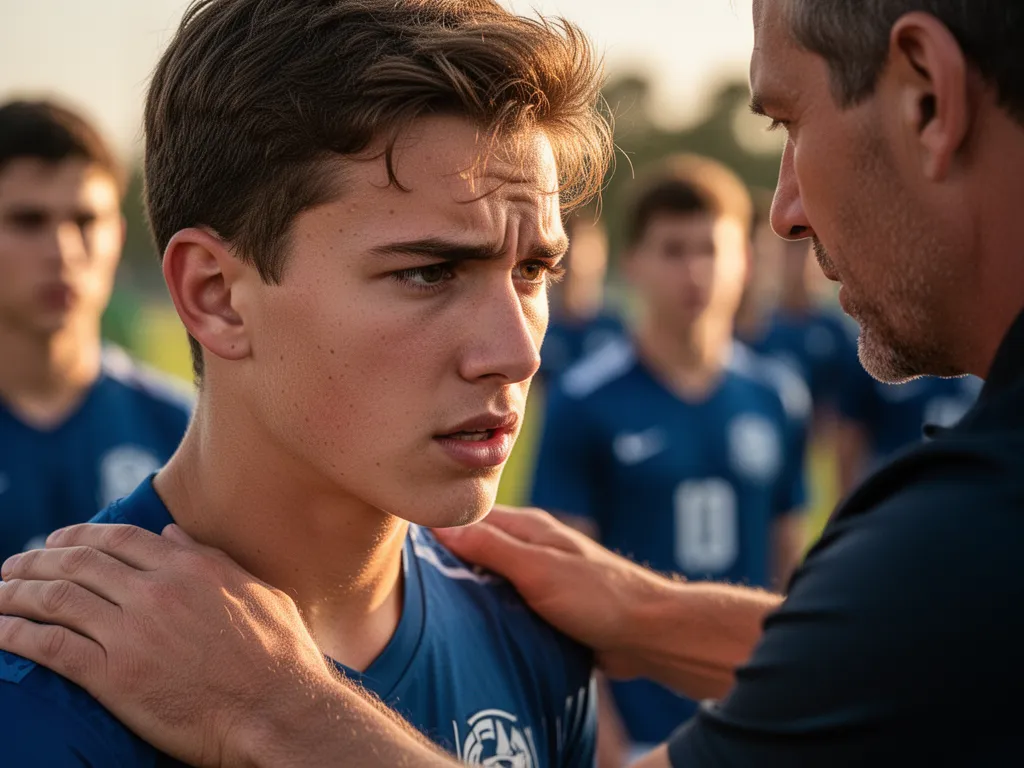 Young athlete's determined face during training with coach's supportive hand on shoulder nearby