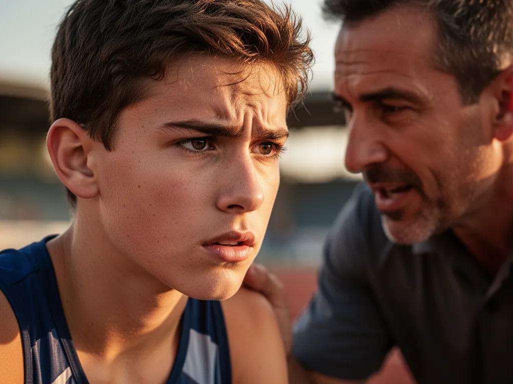 Young athlete's determined expression showing mental focus with supportive coach providing guidance during competitive moment.