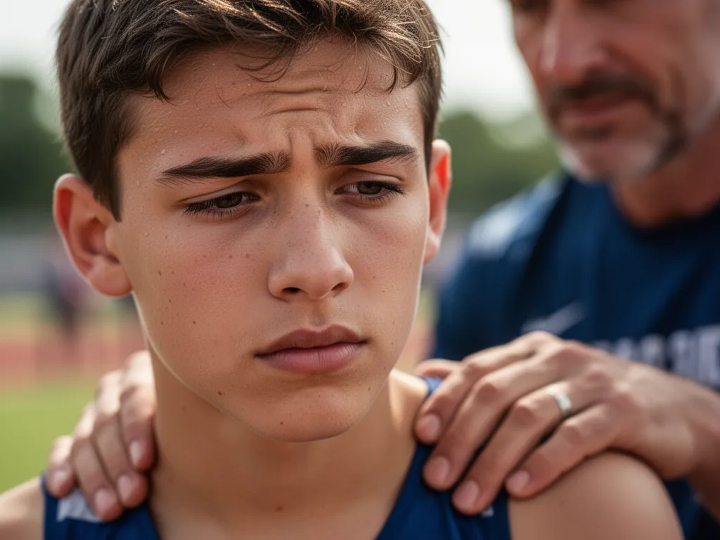 Young athlete with focused expression receiving encouragement from coach during moment of reflection