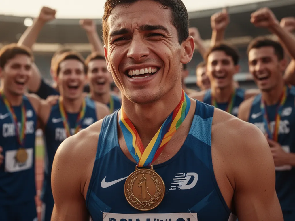 Athlete wearing medal around neck with genuine pride expression, teammates celebrating blurred in background