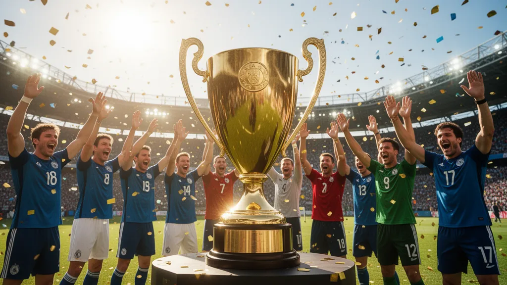 Athletes celebrating around a golden metal trophy with raised arms in outdoor stadium