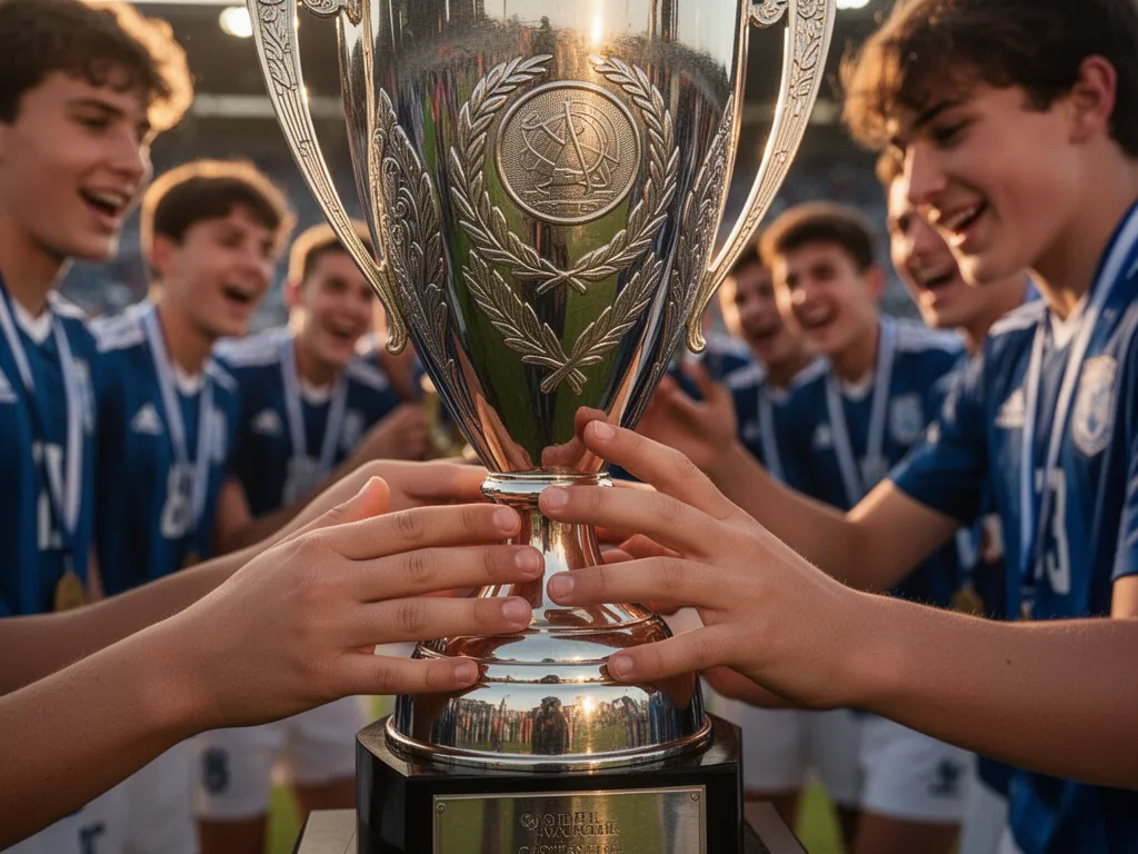 Young athlete's hands touching engraved metal trophy with celebrating teammates blurred behind