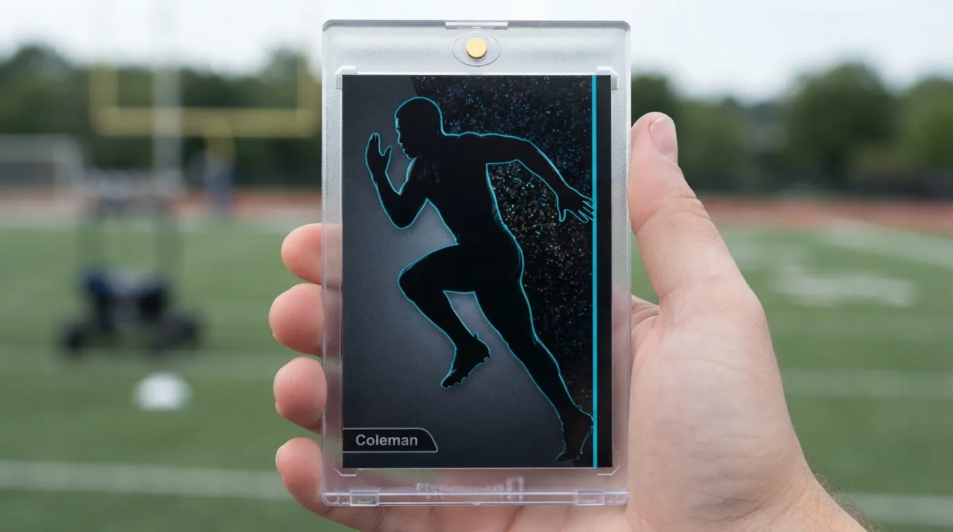 Hand holding magnetic case with dramatic dark midwest sports photography trading card, neon rim light.