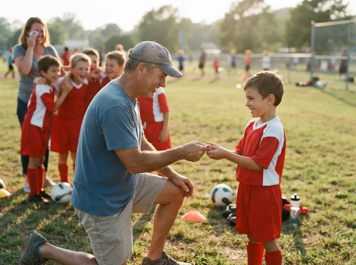 Coach and proud parent celebrate with young athlete on sunlit sports field together.
