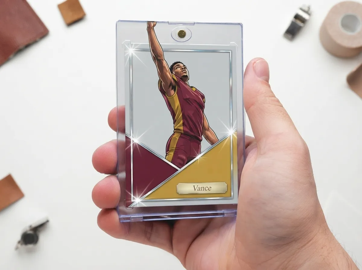 Custom sports trading card in magnetic case with chrome diagonal color-block frame design.