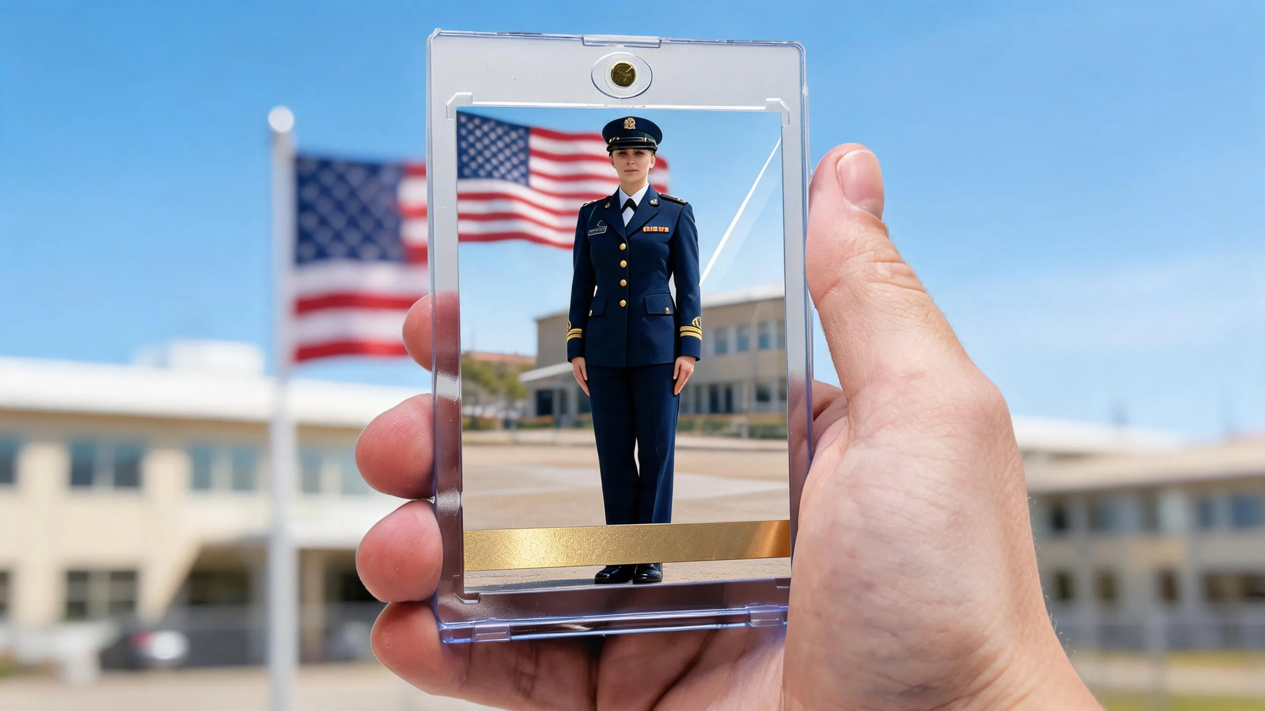 Hand holding a military retirement gift for female magnetic acrylic trading card case outdoors