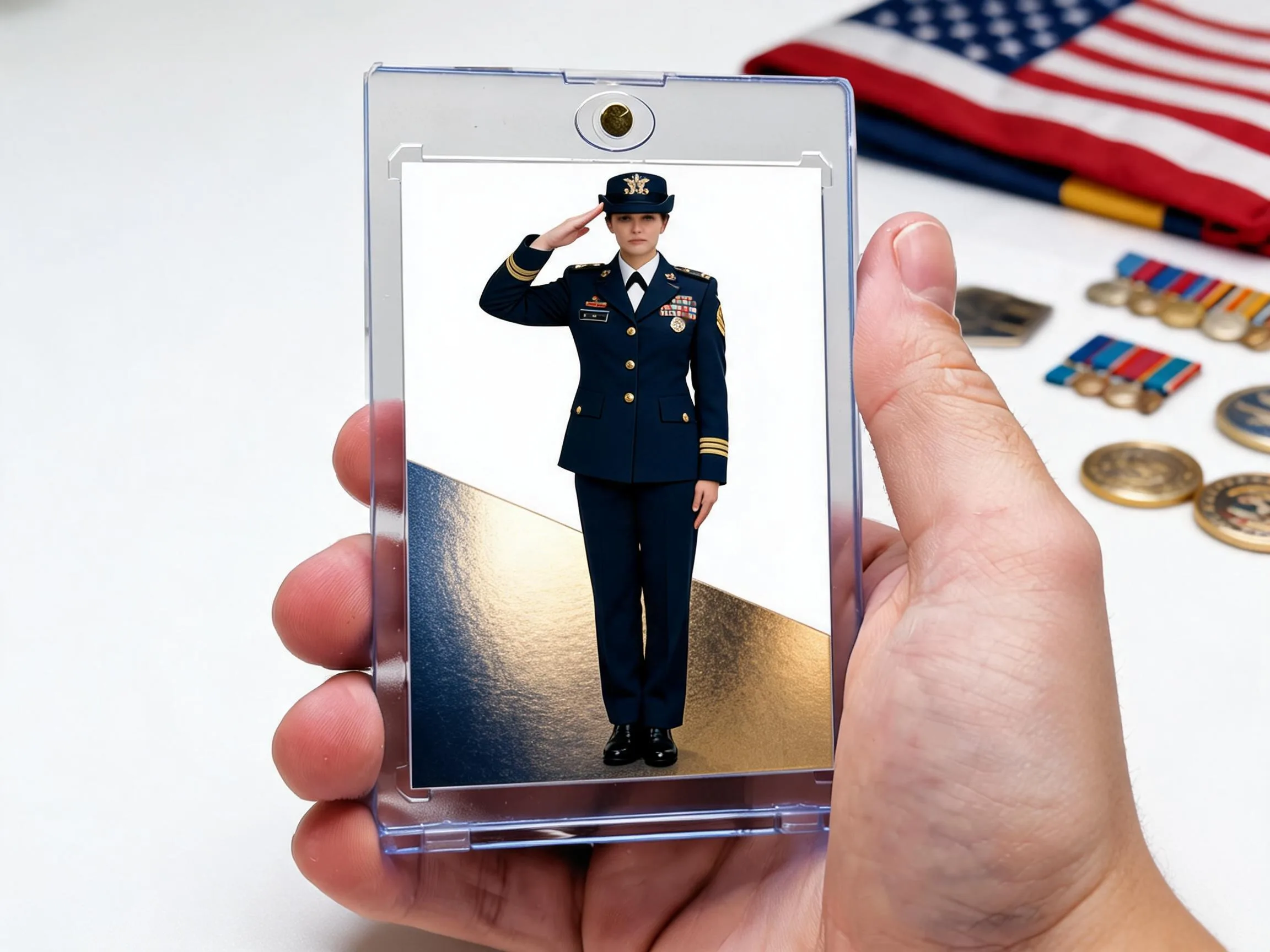 Custom military tribute trading card in magnetic case beside folded flag and medals