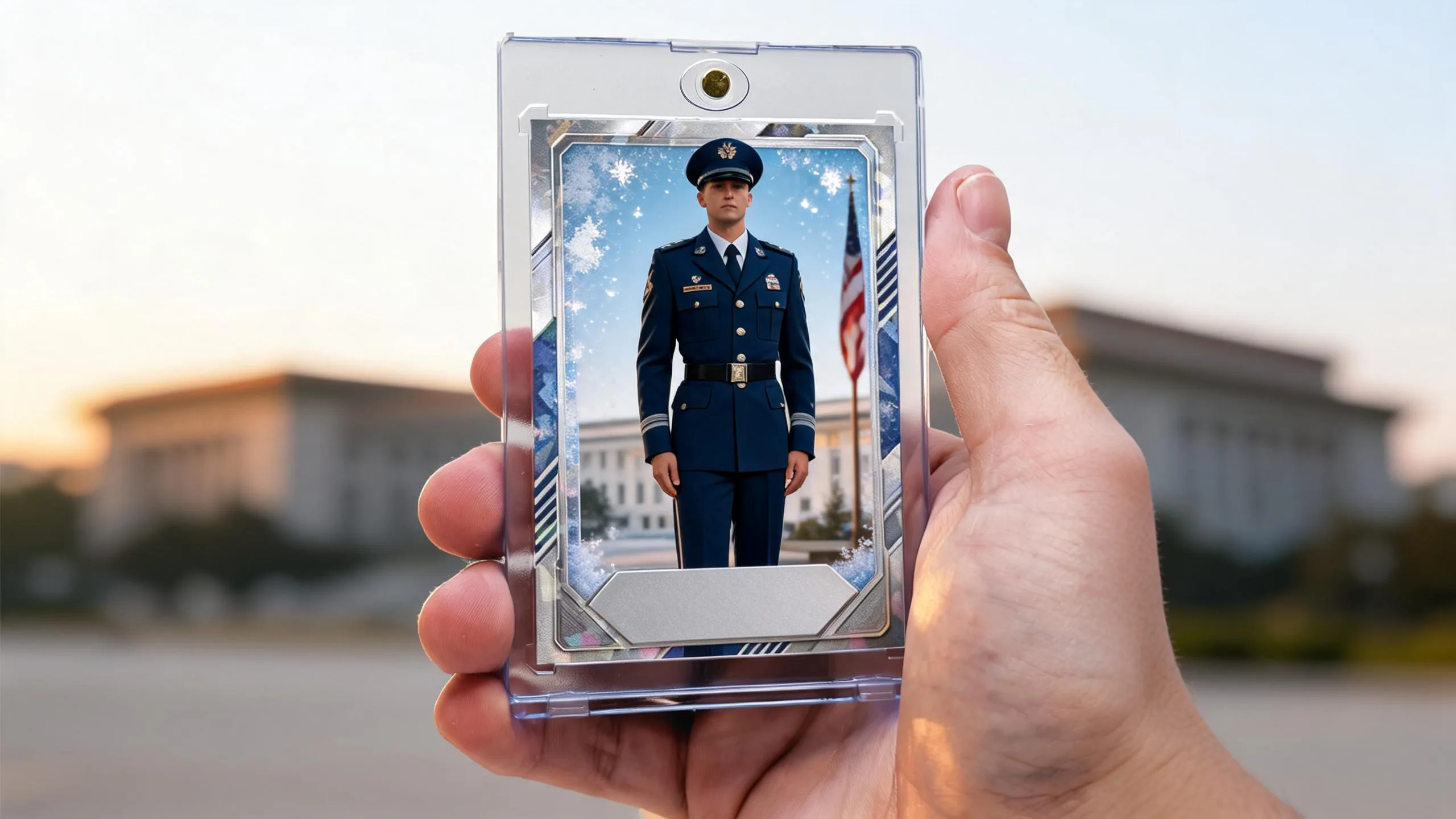 Hand holding magnetic case with military retirement gift ideas tribute card, golden-hour flag background.