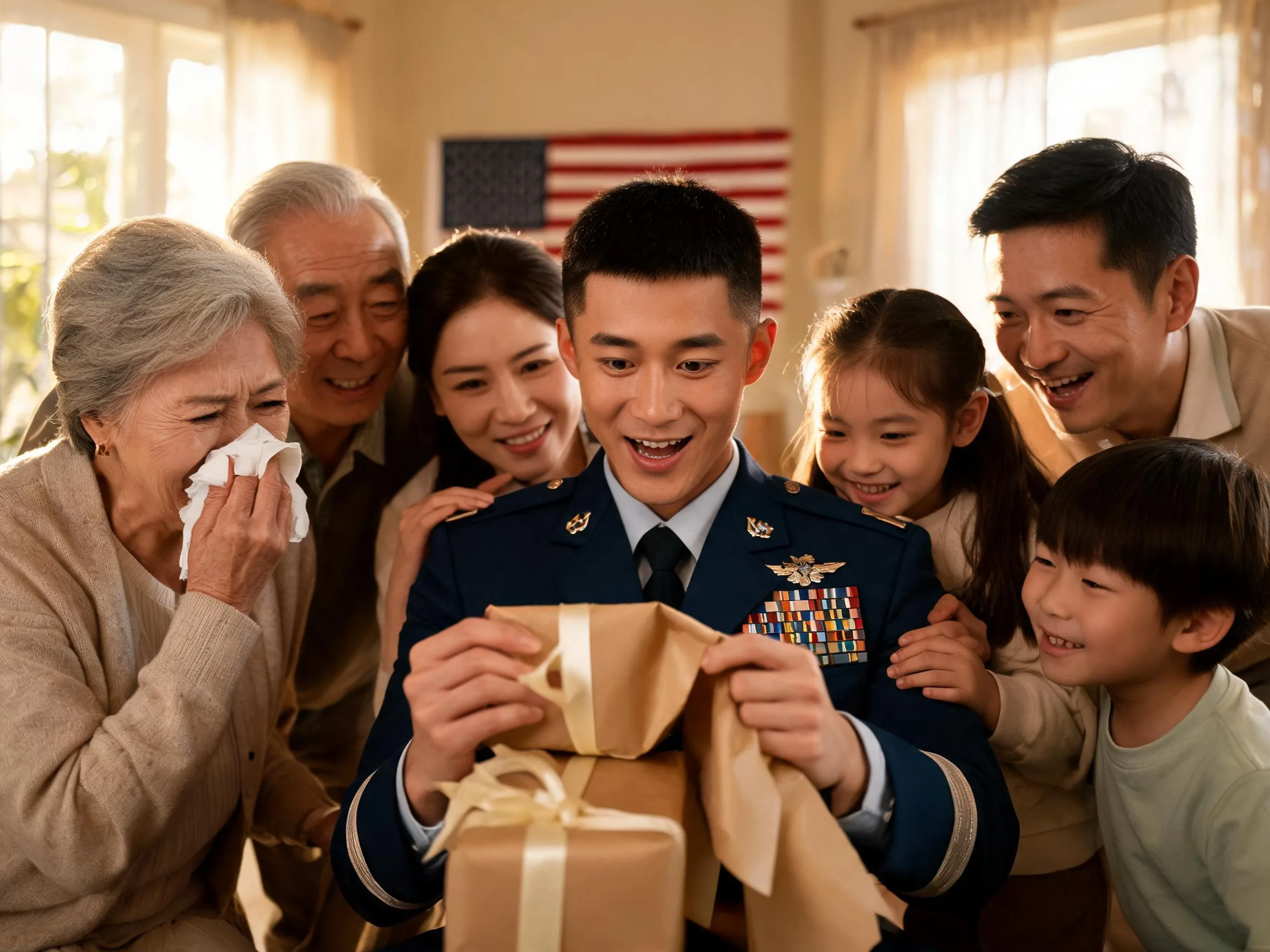 Family surprises retiring service member with heartfelt gift in warmly lit homecoming hall.