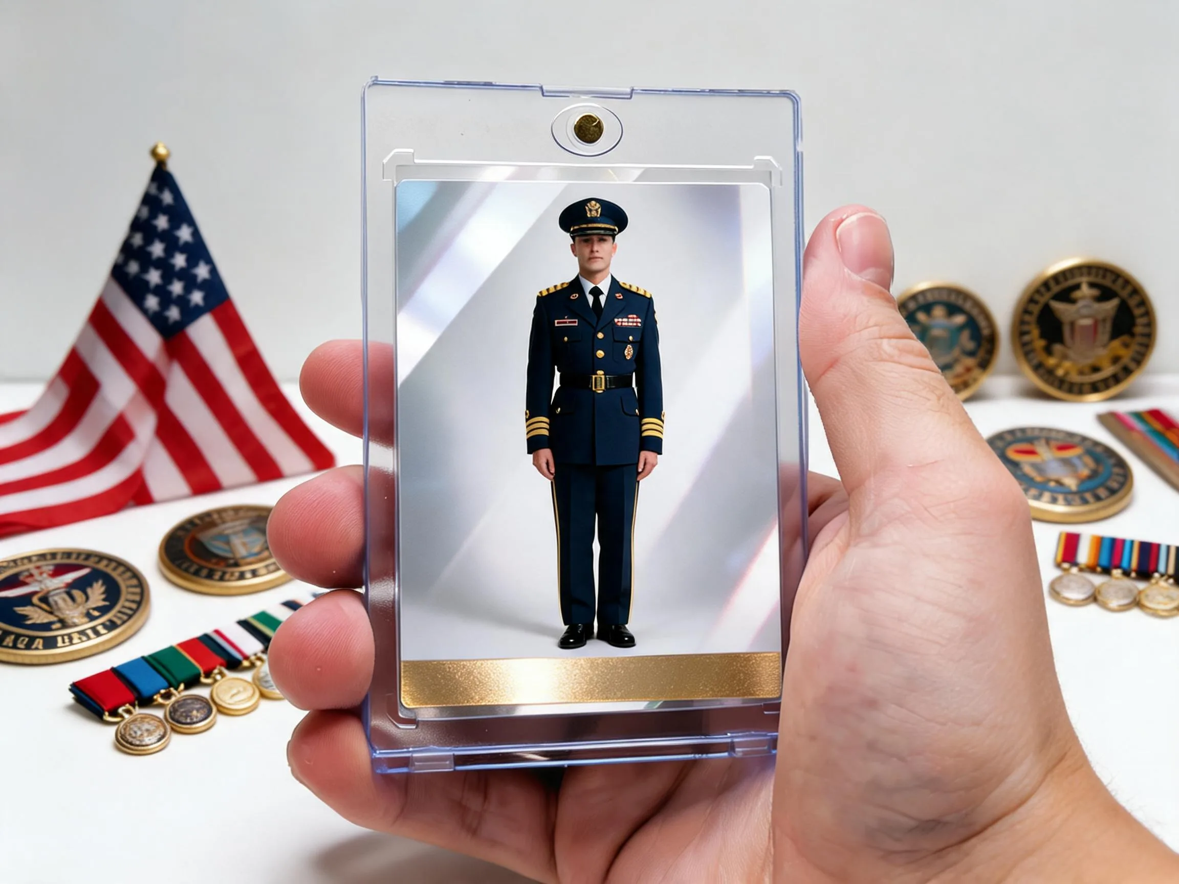 Custom military tribute trading card in magnetic case beside folded flag and medals.
